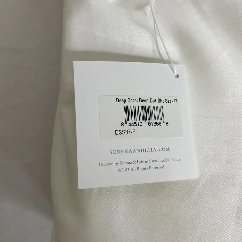 Serena & Lily Deep Coral Deco Dot White Sheet Set Full *Missing Fitted Sheet*
